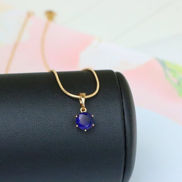 "Round Blue Gemstone Pendant in Gold Finish – Simple Charm, XPPT1645 - Picture 3 of 13